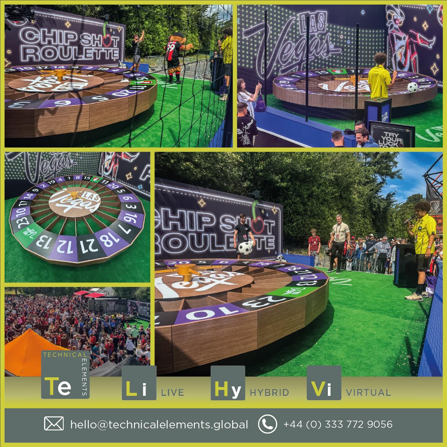 Technical Elements were delighted to work for @rrpartners to provide a truly unique activation on Sunday at AFC Bournemouth celebrating #LasVegas sponsorship of the club & the end of The Premier League season in the UK. Our team provided a giant 4m wide motorized roulette wheel which allowed fans the opportunity to compete to win a holiday to hashtag#Vegas and signed club memorabilia. As pictured, the wheel was constructed on a raised platform, with branded walling, FX and interactive audio playback systems. #experientialmarketing #BFC #eventprofs #bournemouth #lasvegas #roulette #premierleague