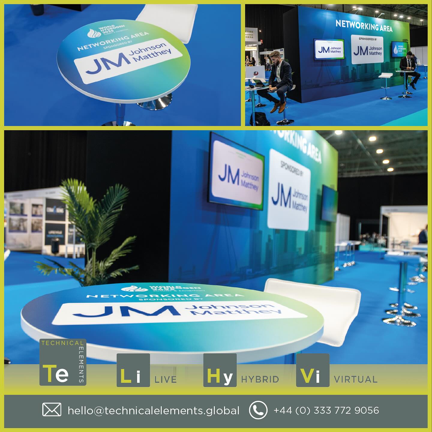 The Johnson Matthey networking area at last month’s #WorldHydogen2025 featured a double sided branded central wall, multiple screens displaying animated content, branded tables, furniture, plants and decor as shown. Technical Elements Ltd were pleased to build and install this area as part of our works across the site. #exhibition #hydrogen #eventprofs #setandstage #conferenceav #networking