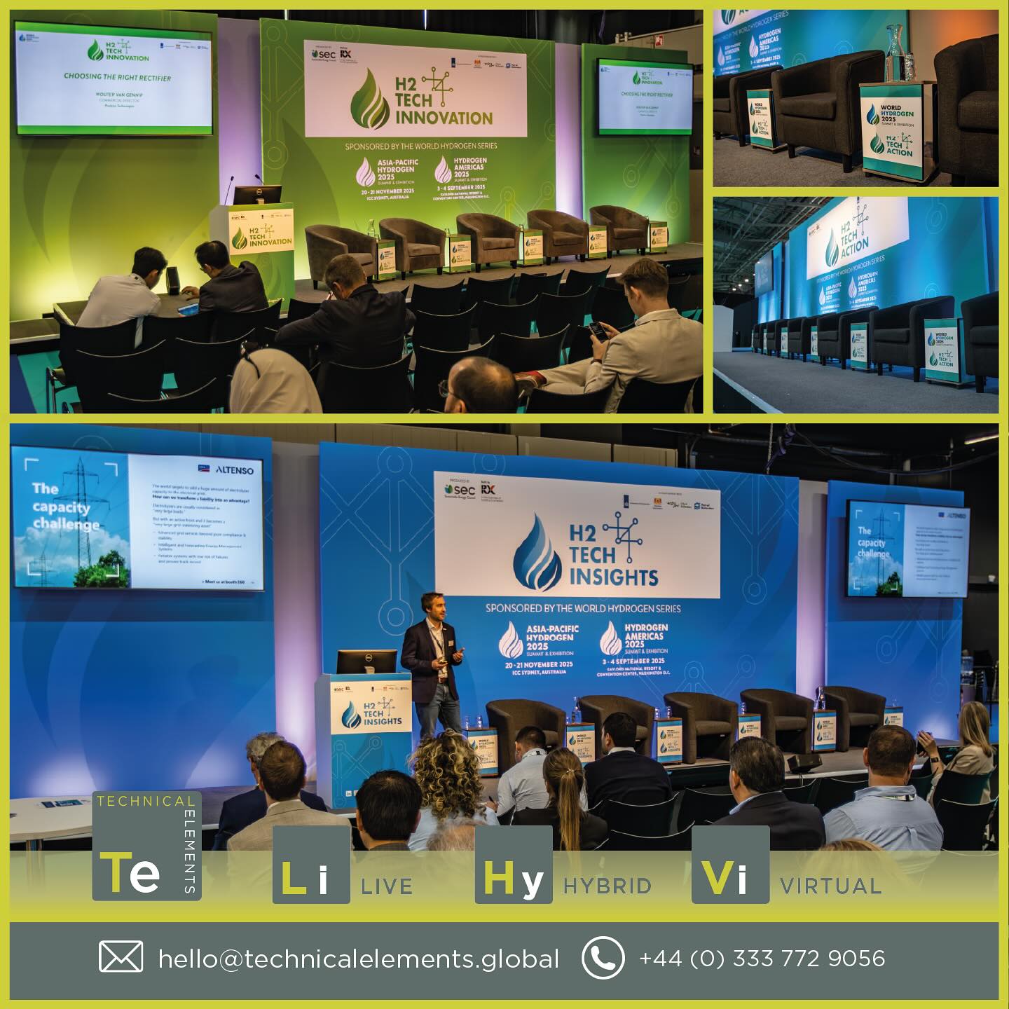 The Technical Elements team were delighted to provide technical, scenic and branding services for a number of show floor theatres at the recent #WorldHydrogen2025 exhibition organized by the Sustainable Energy Council and RX Global - as shown we installed branded set backdrops, 98” screens, PA equipment, lighting, staging and branded furniture into each of the presentation areas #conferenceav #hydrogen #ahoyrotterdam #audiovisual #eventav #setandstage
