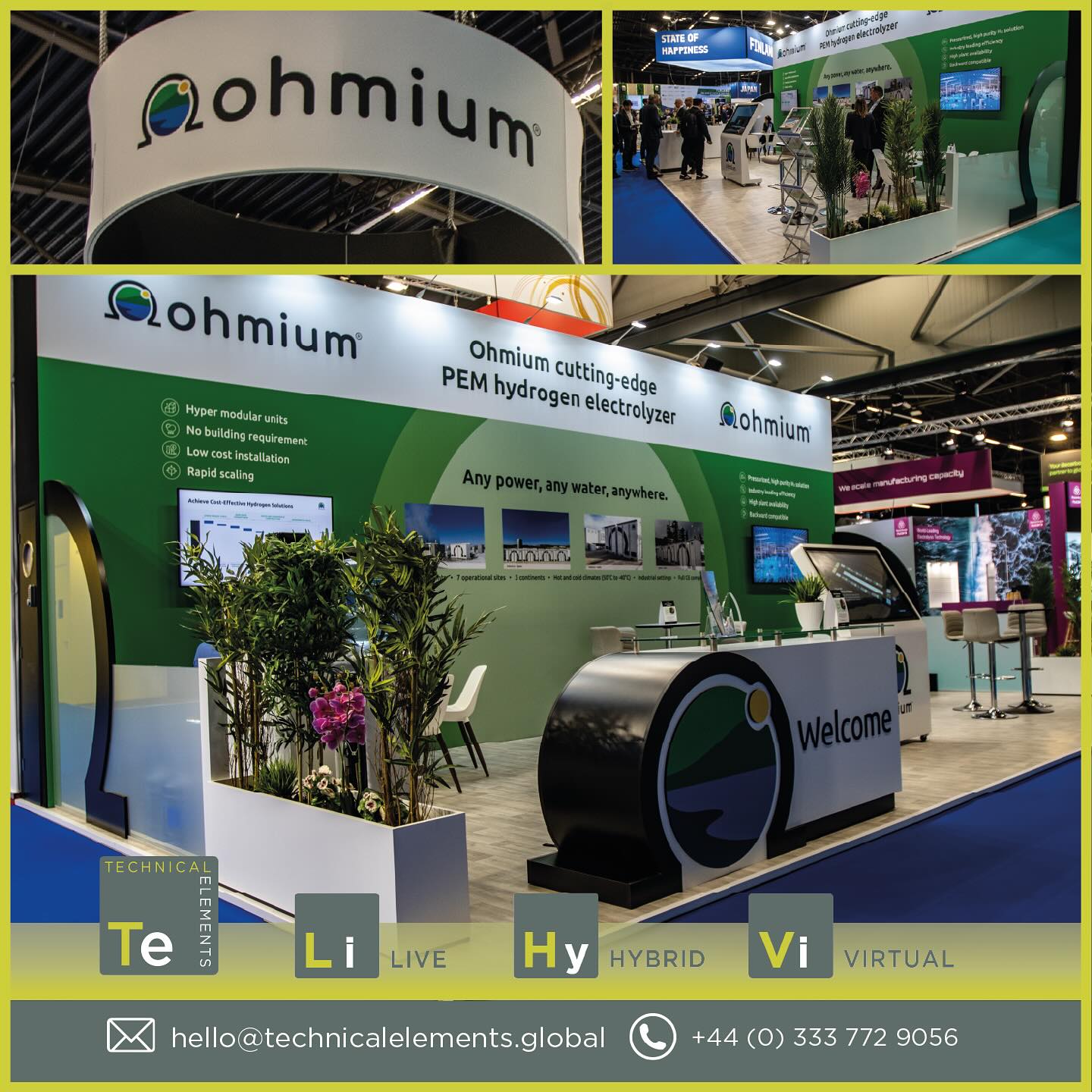 Technical Elements were delighted to support Ohmium last month, providing exhibition design and install services for their 10m x 5m booth at the #WorldHydrogen2025 exhibition & summit. As pictured, the stand included a 4m tall fully branded back wall, storage cupboard, custom fabricated glasswork, counters and planters, a raised floor, furniture and interactive screens #exhibition #exhibitiondesign #conferenceav #ohmium