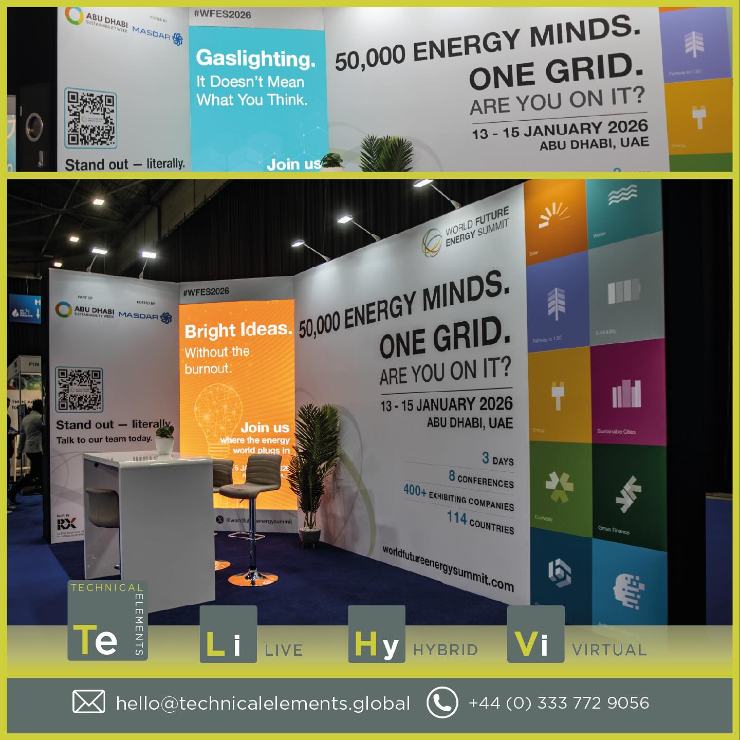 Wishing @rxglobal_ every success with their #WFE2026 event next year - it was a pleasure for Technical Elements to build and install their promotional booth, as shown, at the recent World Hydrogen Summit & Exhibition at Rotterdam Ahoy #exhibition #conferenceav #setbuild #designandbuild #fabrication #ledscreen